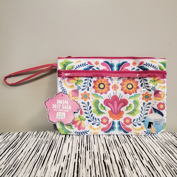 Handbags - Floral Pink Swim Suit Sack with Touchscreen Compatible Compartiment 9in x 12in